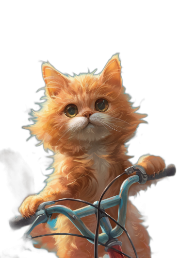 A cute orange cat riding on the handlebar of a bicycle, against a black background, in the style of Pixar studio, a cute digital painting, a cute digital illustration, an adorable digital drawing, with cute fluffy fur.