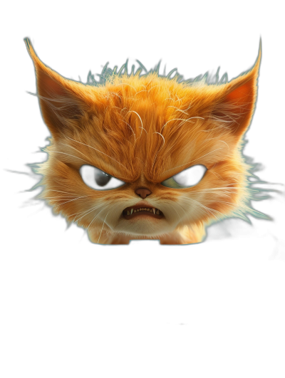 front view of an angry ginger cat with sharp teeth, in the style of Pixar cartoon character, dark background, black sky, cute and cuddly appearance, big eyes, long eyelashes, fluffy hair, soft lighting, highly detailed, high resolution, bright colors, wide angle shot, depth of field, cinematic