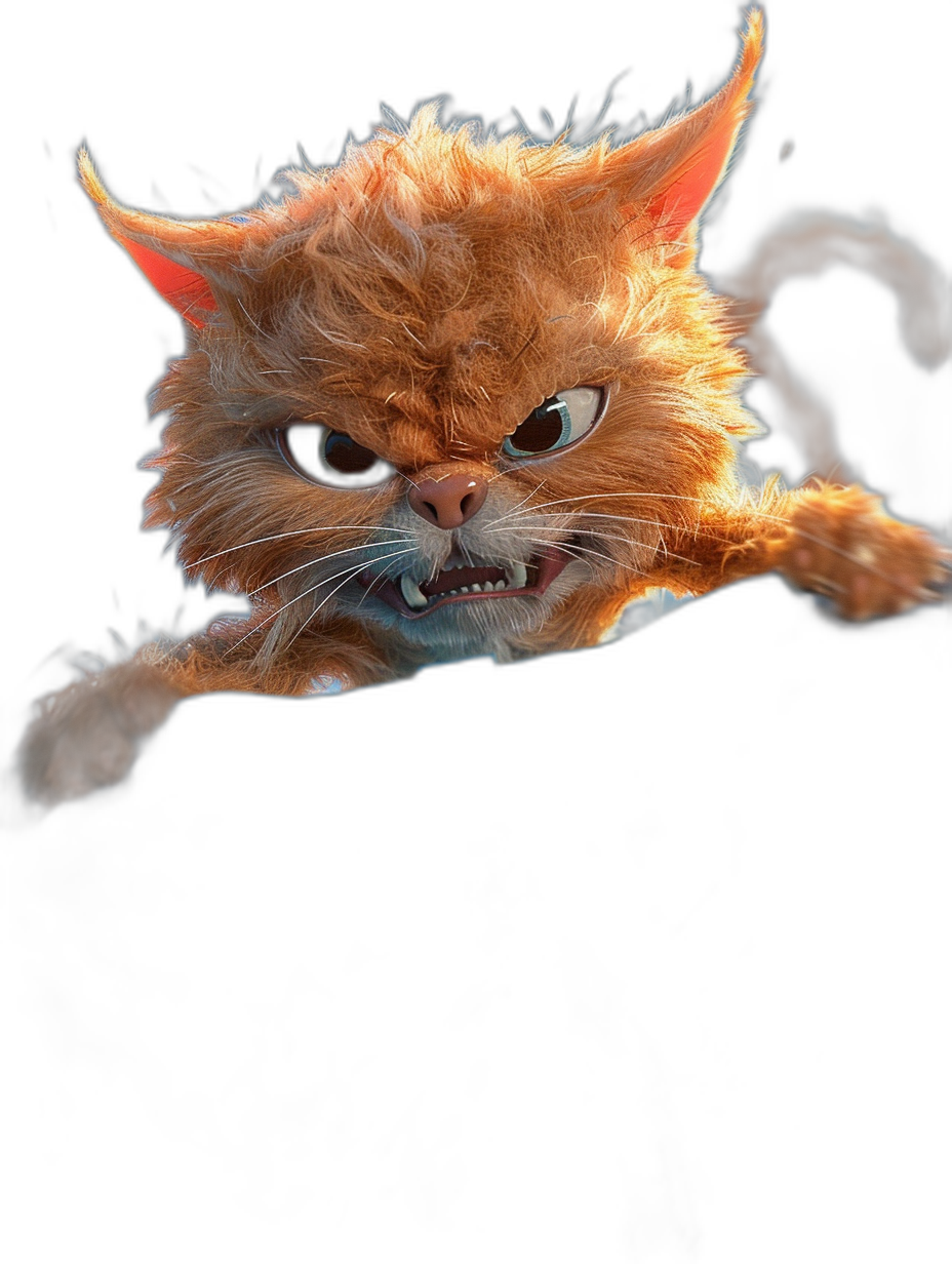 3D render of the cat from Pixar’s Up movie jumping on a black background, with an angry facial expression, in the style of Pixar, a cute cat, with highly detailed fur and eyes, cinematic lighting, a dark orange color scheme, rendered with Octane, in a dynamic pose, as if in a studio shot, with a centered composition and empty space around the character.
