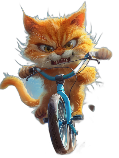 realistic orange cat riding a blue bike, black background, cartoon style, digital art in the style of Disney Pixar and Artstation graphic design, cute big eyes, full body character concept art, angry face expression with sharp teeth