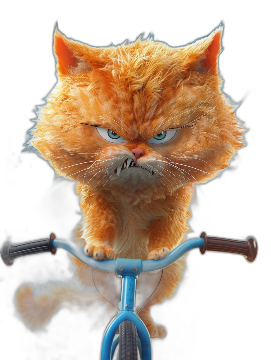 front view of grumpy ginger cat on bicycle, in the style of Pixar style cartoon character, black background, high resolution photo, extreme details, studio lighting