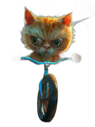 hyper realistic photo of an angry ginger cat riding on the front wheel of a blue bicycle on a black background, full body shot, in the style of [Tim Burton](https://goo.gl/search?artist%20Tim%20Burton)