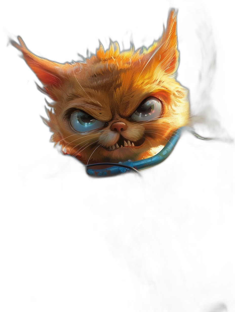 evil grinning orange cat with blue collar, black background, cartoon style, in the style of [Ralph Steadman](https://goo.gl/search?artist%20Ralph%20Steadman) and [Bill Gekas](https://goo.gl/search?artist%20Bill%20Gekas)