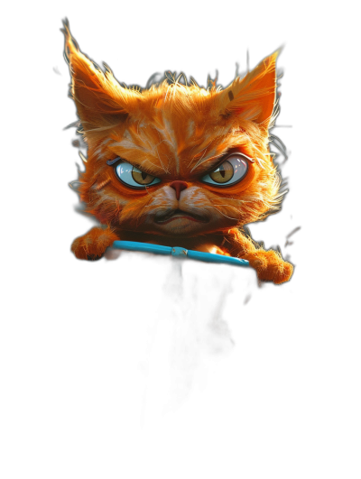 3D epic render of an orange cat angry holding a blue stick on a black background, cute and dreamy, in the style of Disney Pixar.