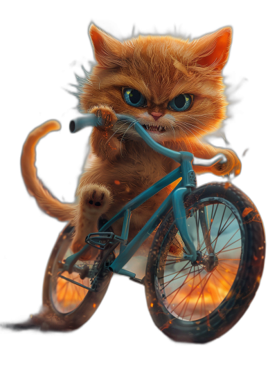 digital art of cute kitten , wear cyan and orange tshirt riding bicycle, black background , fluffy tail , big blue eyes , cool expression , vibrant pastel tone , fire around