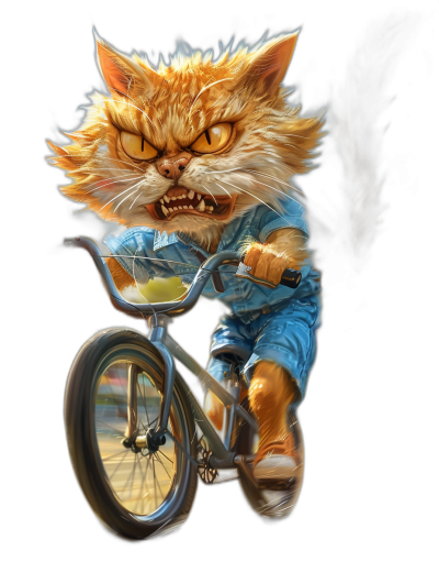 full body cartoon caricature of an angry cat riding bmx, black background, photo realistic, hyper detail, octane render