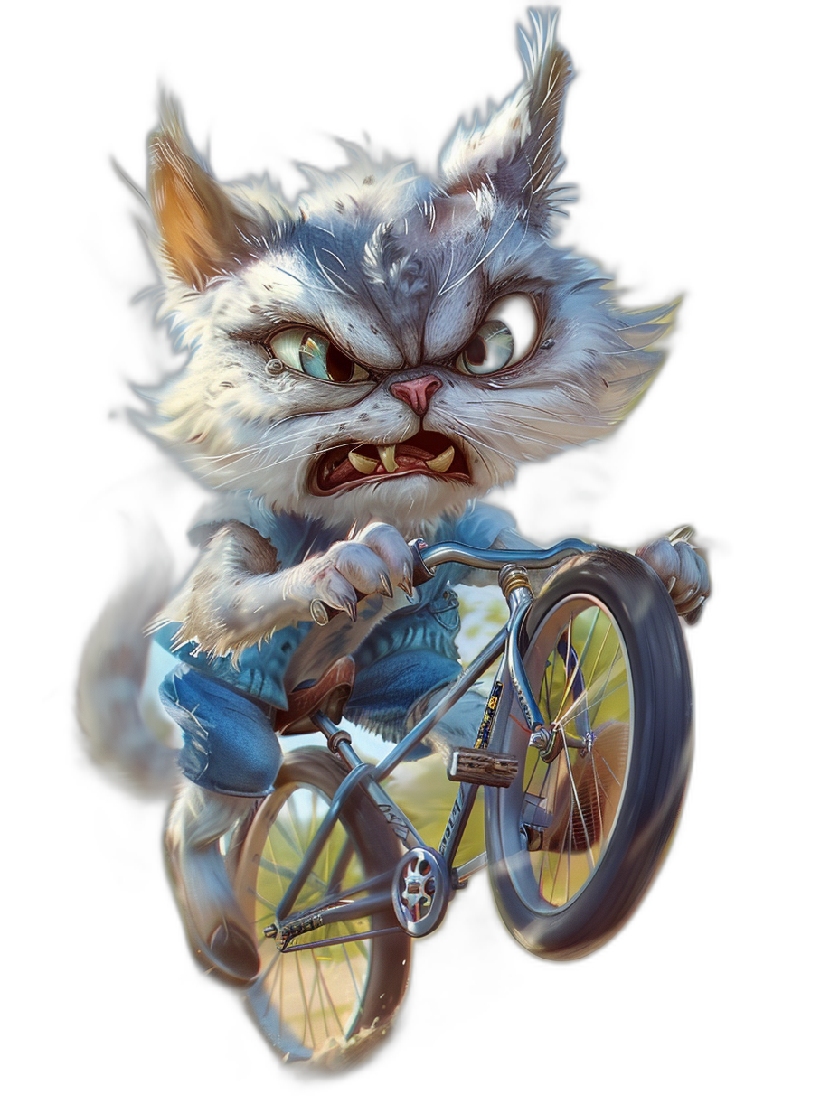 A white and grey kitten with an angry expression riding on the front wheel of bicycle, wearing blue , full body shot, black background, concept art by Pixar, cgsociety, character design, gameart style, fantasy illustration, cute, by [Tim Burton](https://goo.gl/search?artist%20Tim%20Burton), 2d digital painting, trending pixiv fanbox niji5 s7 HD