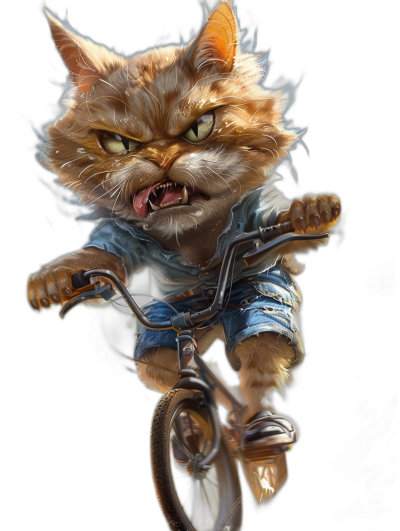 a realistic and very detailed painting of an angry cat wearing blue shorts riding on bicycle, made by digital artist and with black background, full body shot in the style off movie cats Meow