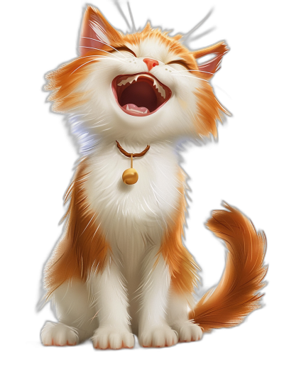 A cute happy smiling cat, with its mouth open and tongue out, sitting upright on the ground in the style of Pixar, white chest hair and orange body fur, wearing an elegant gold bell around its neck, black background, full-body shot, high resolution, high detail, digital art, fantasy, cartoon style, vector illustration, digital airbrush painting, no text or letters, no shadows, no shadow effects, no text