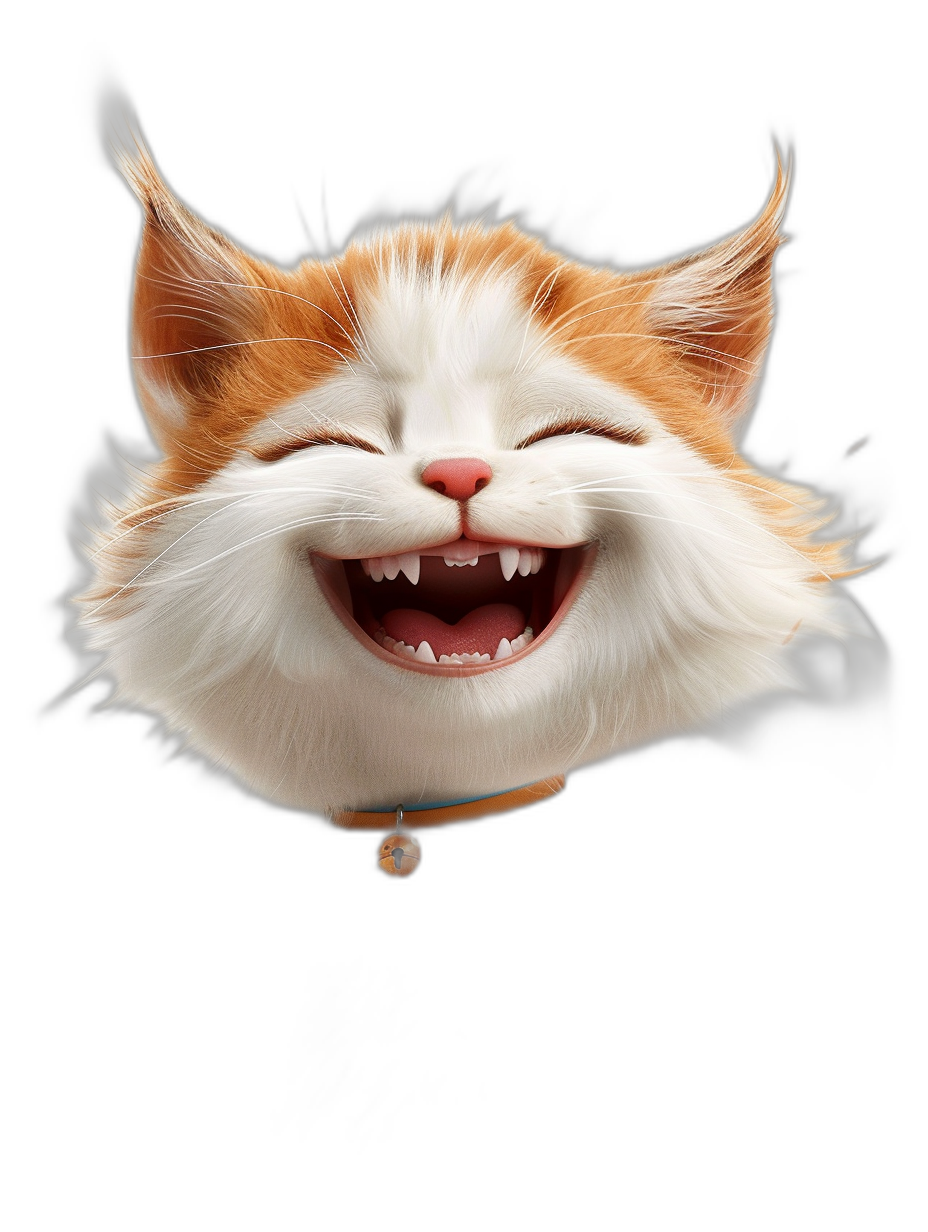 3D render of a happy smiling cat head, cute, with white and orange fur, big eyes, in a cute cartoon style, on a black background, flying in the air, in the style of Pixar.