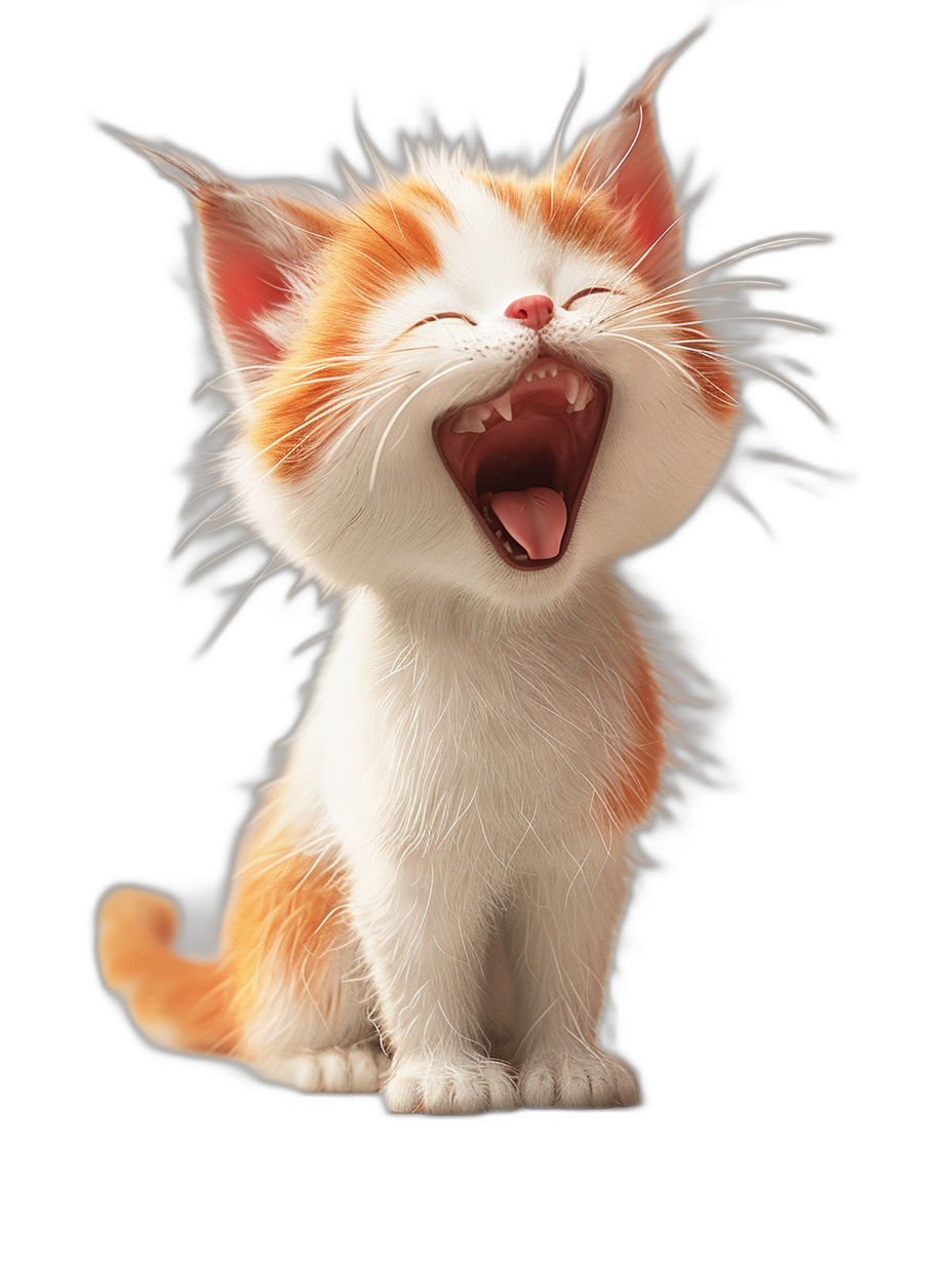 3D render of a happy cute white and orange kitten laughing on a black background, in the style of Pixar.