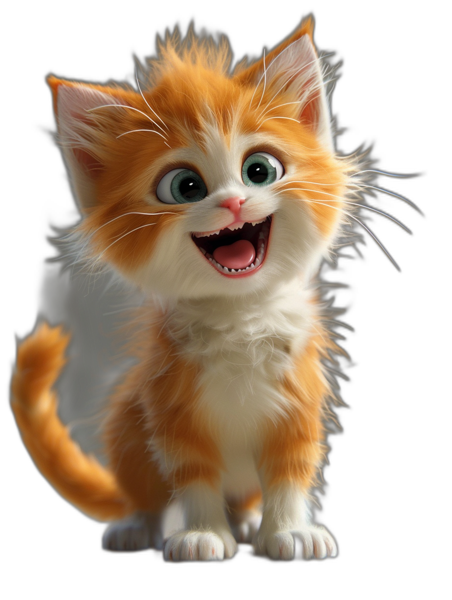 A cute smiling orange and white kitten, in the style of Pixar, in the style of Disney, 3D rendering, black background, high definition