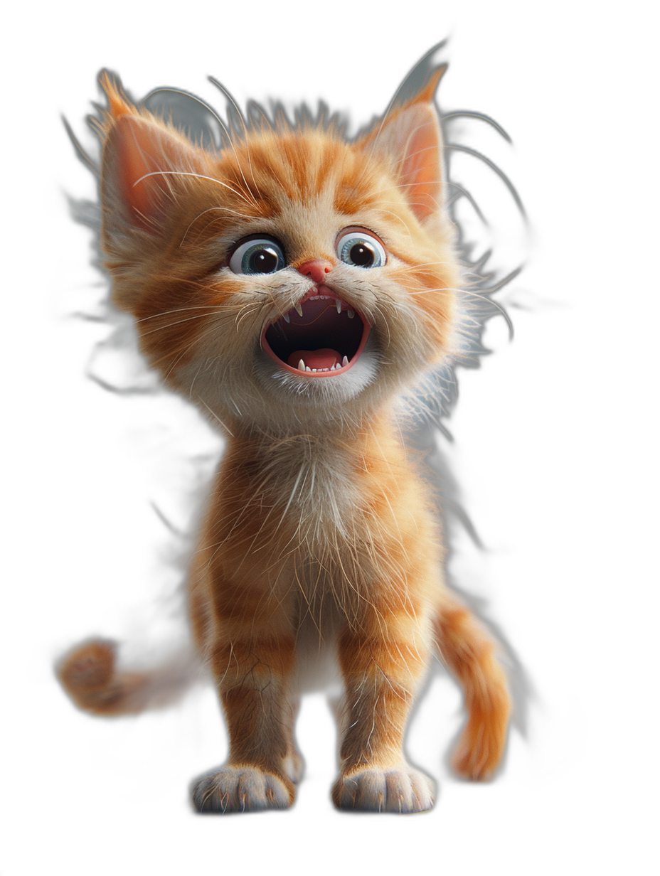 3D render of a cute happy ginger kitten with its mouth open on a black background, in the style of Disney Pixar.