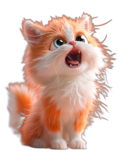 3D render of a cute fluffy orange and white kitten, in the style of Pixar, smiling with its mouth open showing teeth, on a black background, with a cute character design that was zbrush sculpted.