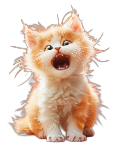 A cute orange and white kitten is roaring, full body, front view, on a black background, in a high definition photograph, in the style of Pixar.