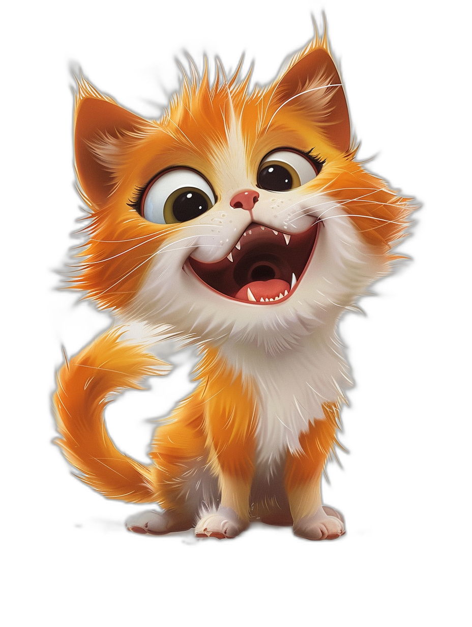 smiling cute orange and white kitten with big eyes on a black background, Disney style cartoon character design in the style of Pixar studio concept art