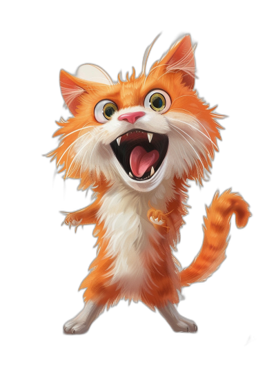 A cute orange cat, very happy and laughing with big eyes, standing on its hind legs, in the style of Disney, black background, in the style of Pixar, cute cartoon character design, 3D rendering, full body, white fur, fluffy tail, red face, bright colors, big mouth open wide showing teeth.