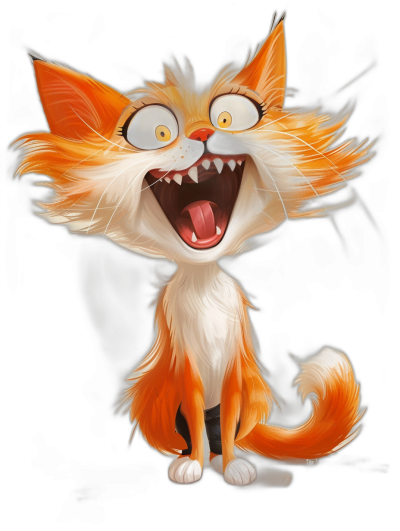 Illustration of an orange and white cat with long hair, big eyes, happy face, laughing mouth open showing teeth, isolated on black background, in the style of [Tiago Hoisel](https://goo.gl/search?artist%20Tiago%20Hoisel). Caricature-like character design, cute cartoonish designs, playful movement.