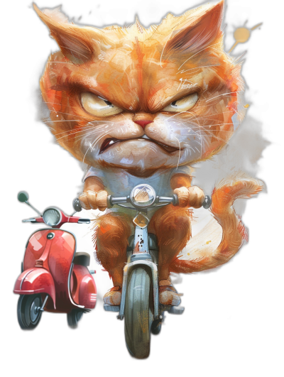 grumpy orange cat riding a red vespa, in a cartoon style, against a black background, with detailed character illustrations, showing a strong facial expression, in the style of [Eiichiro Oda](https://goo.gl/search?artist%20Eiichiro%20Oda), with ultrafine detail, at a high resolution, as a hyperrealistic illustration, done as a digital painting, concept design.