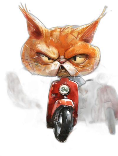 grumpy cat on red vespa, cartoon style, digital art, black background, by [Kawacy](https://goo.gl/search?artist%20Kawacy), by [Ralph Steadman](https://goo.gl/search?artist%20Ralph%20Steadman), cute and adorable, vector illustration