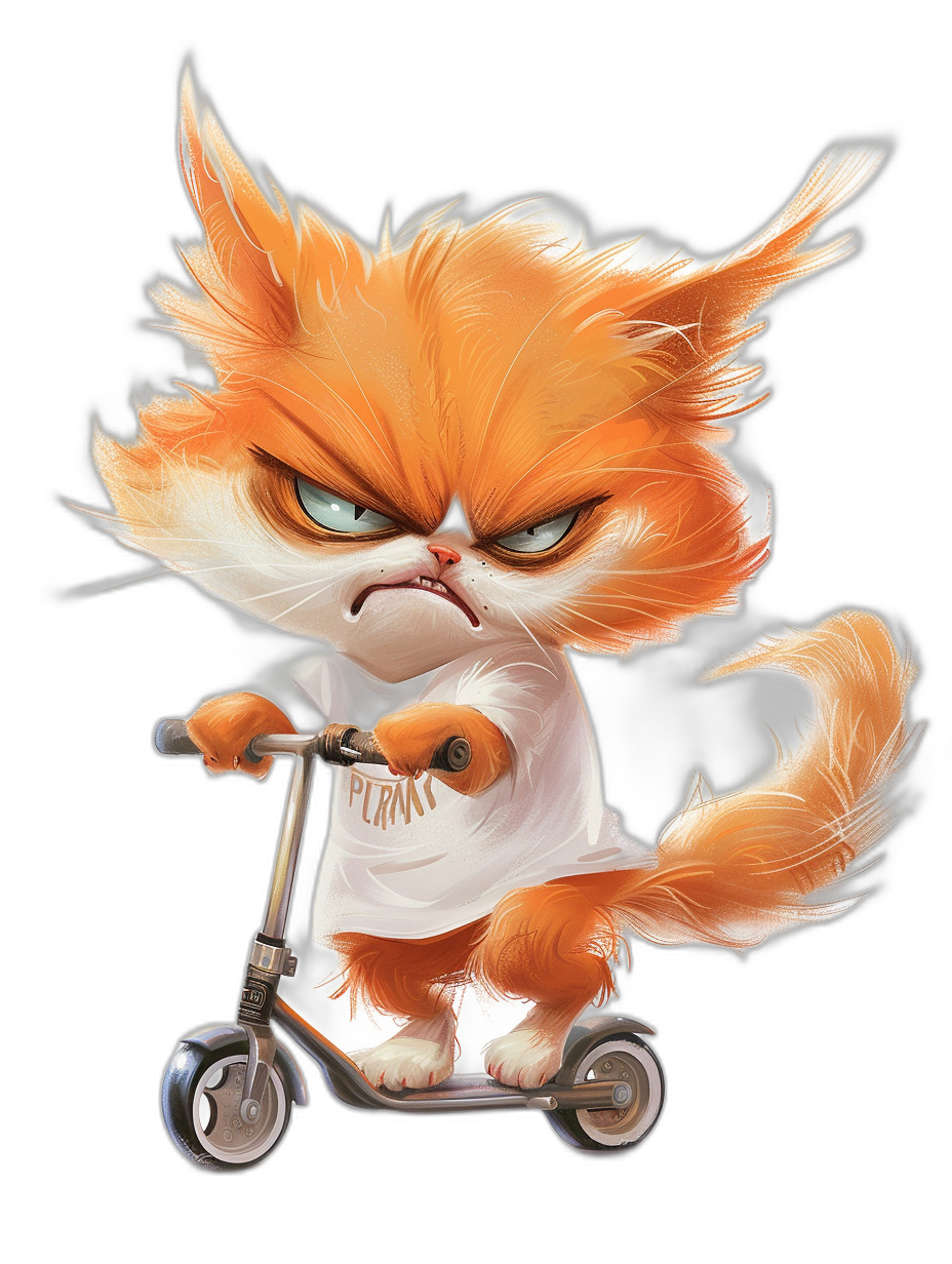 grumpy orange cat cartoon character with an angry expression riding on scooter wearing white t-shirt, in the style of [Artgerm](https://goo.gl/search?artist%20Artgerm), isolated on a black background, in a clipart style