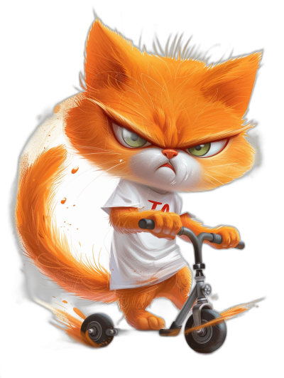 grumpy orange cat wearing a white t-shirt, riding a scooter, in the cartoon style with a black background, detailed character illustrations, vibrant colors and thick brush strokes in the style of [Ralph Steadman](https://goo.gl/search?artist%20Ralph%20Steadman) in a cute form. The characters have an exaggerated expression of anger. It is drawn using digital art techniques on Unreal Engine, with high resolution and quality. A white t-shirt with "Tshirt".