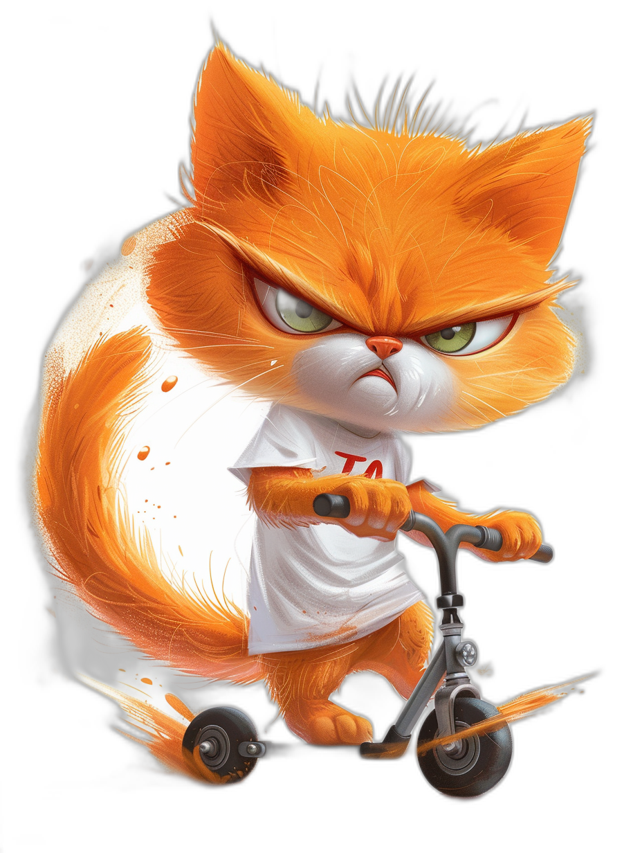 grumpy orange cat wearing a white t-shirt, riding a scooter, in the cartoon style with a black background, detailed character illustrations, vibrant colors and thick brush strokes in the style of [Ralph Steadman](https://goo.gl/search?artist%20Ralph%20Steadman) in a cute form. The characters have an exaggerated expression of anger. It is drawn using digital art techniques on Unreal Engine, with high resolution and quality. A white t-shirt with “Tshirt”.