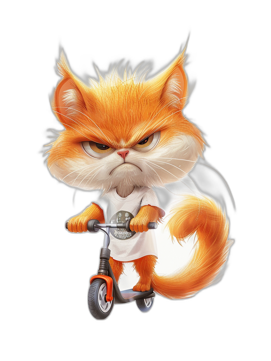 Cute cartoon character of an orange cat with white fur, riding on scooter in t-shirt and jeans , angry expression, vector illustration, black background, high resolution, professional photograph, very detailed, studio lighting, HDR