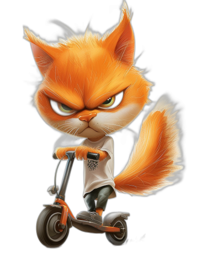 A cute orange cat with big eyes, wearing a white T-shirt and jean shorts rides an electric scooter on the street in a cartoon style, with an angry expression, on a black background, in a full body shot, with a 2D game art design style, with exaggerated facial features, in a close-up, lively and funny, with a graffiti effect.