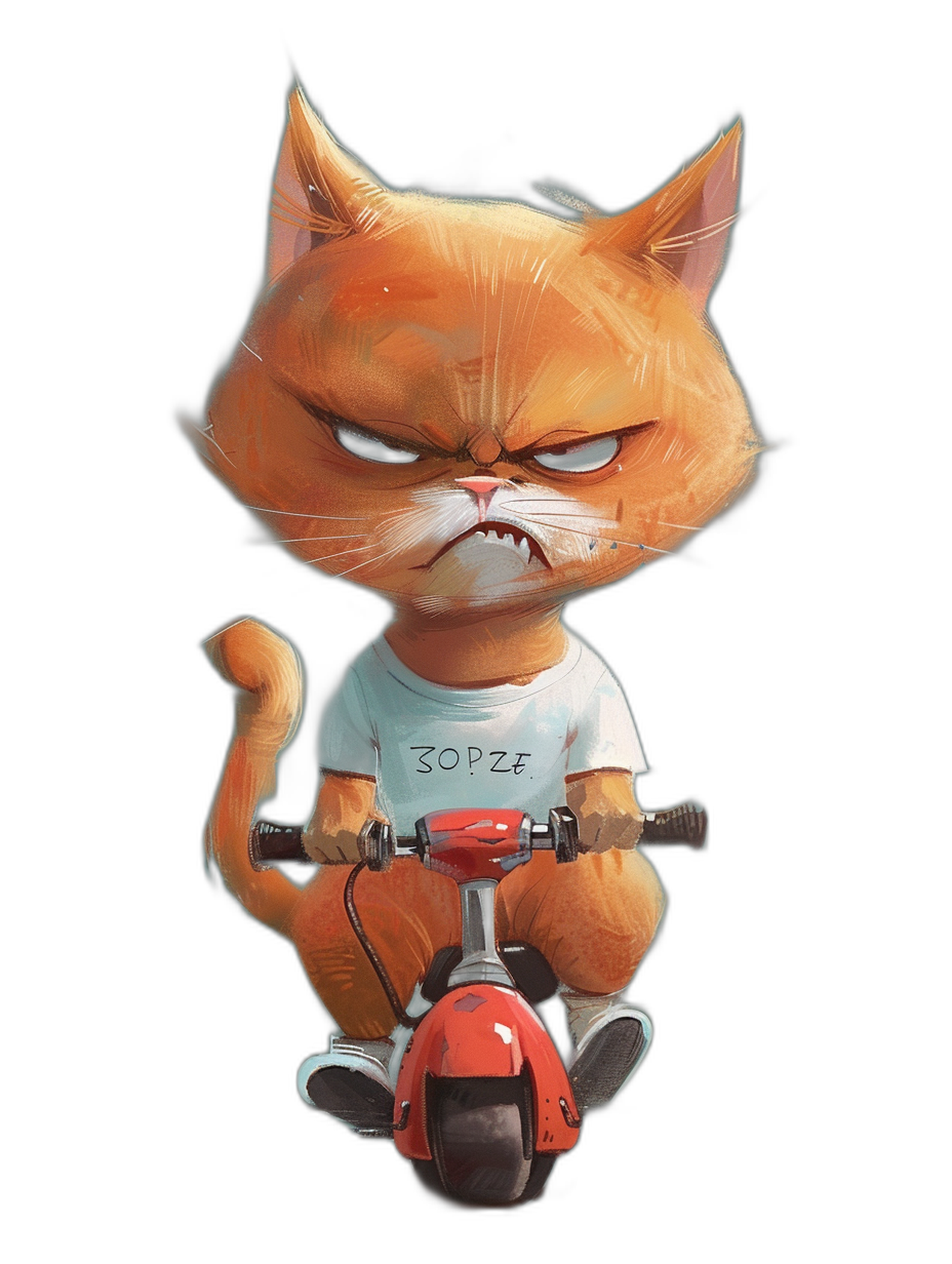 grumpy orange cat character, wearing a white t-shirt with “SOPFOZ” written on it and riding a red scooter, black background, in the style of [Tiago Hoisel](https://goo.gl/search?artist%20Tiago%20Hoisel), caricature-like, playful caricatures style