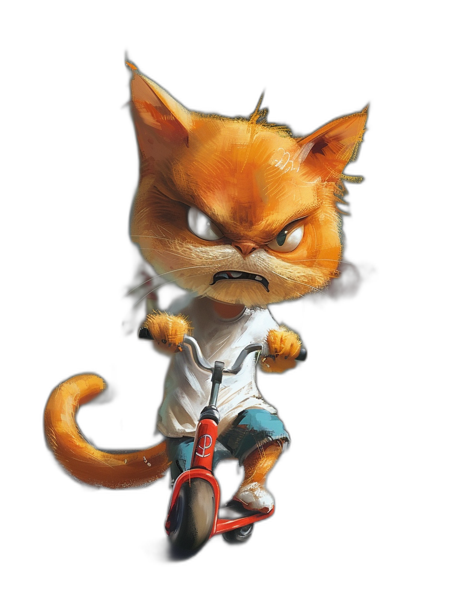 A cute orange cat, wearing a white t-shirt and blue shorts with sneakers, is riding a red tricycle in a black background with an angry facial expression. The character design is in the style of Pixar with detailed features, a full body shot, and super high resolution details.