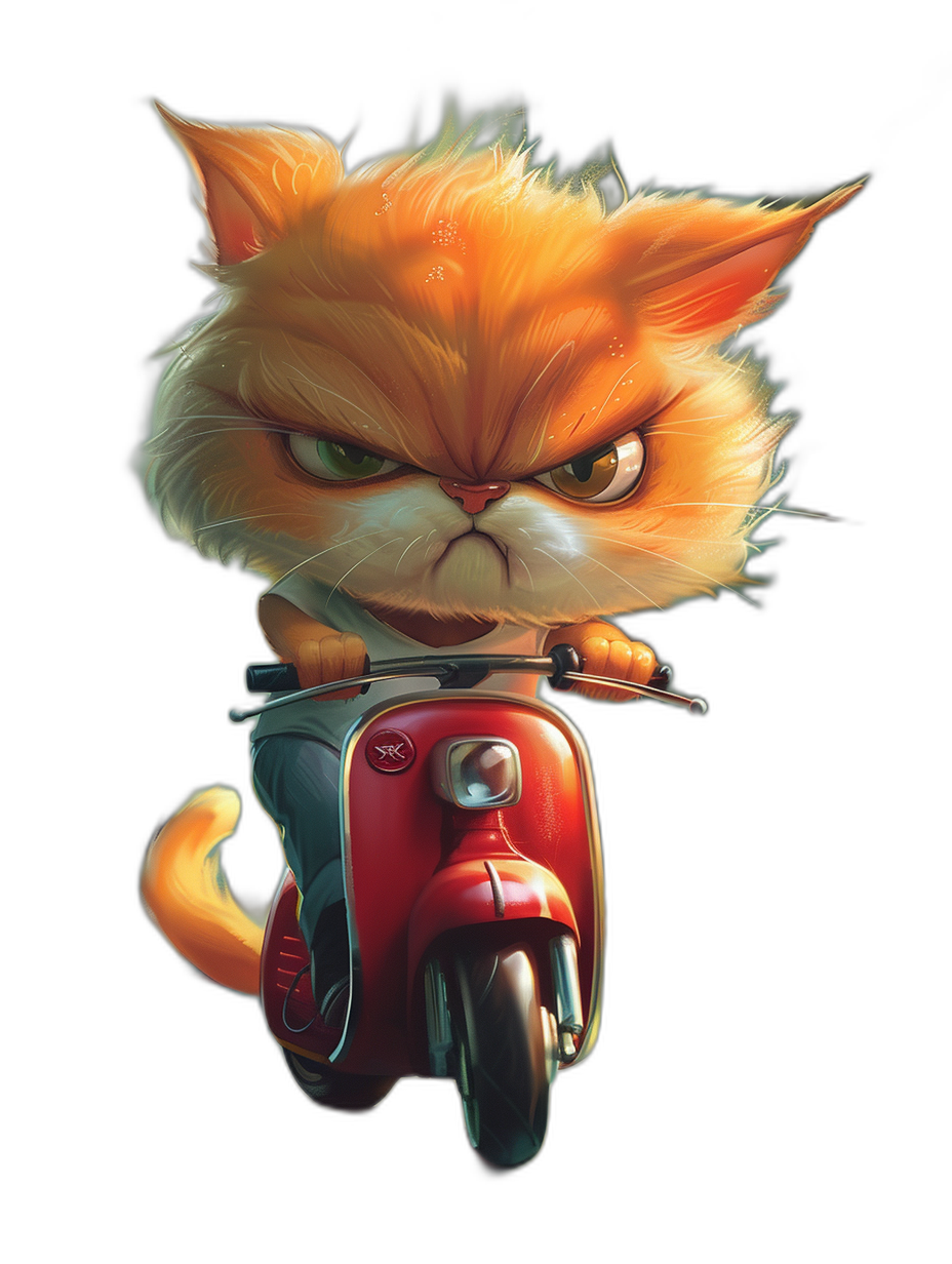 grumpy orange cat riding a red scooter, in the style of a cartoon, isolated on a black background, highly detailed and realistic vector image.