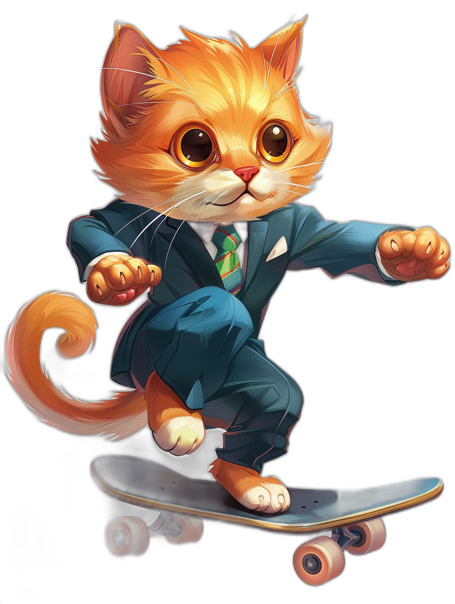 Cute cartoon cat in a suit riding on a skateboard, black background, concept art in the style of Pixar, cgsociety, character design, game art, anime style