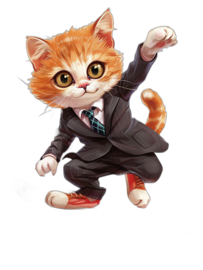 A cute orange cat in a suit and tie is flying, with big eyes and a black background. The kitten has small ears and long hair on its head, wearing red shoes and holding its hands up high to showcase the front of its body. It features a cartoon style anime illustration, detailed character illustrations, detailed , and cute expressions. Full-body photos with clear facial details, high resolution, high definition, and high quality in the style of .