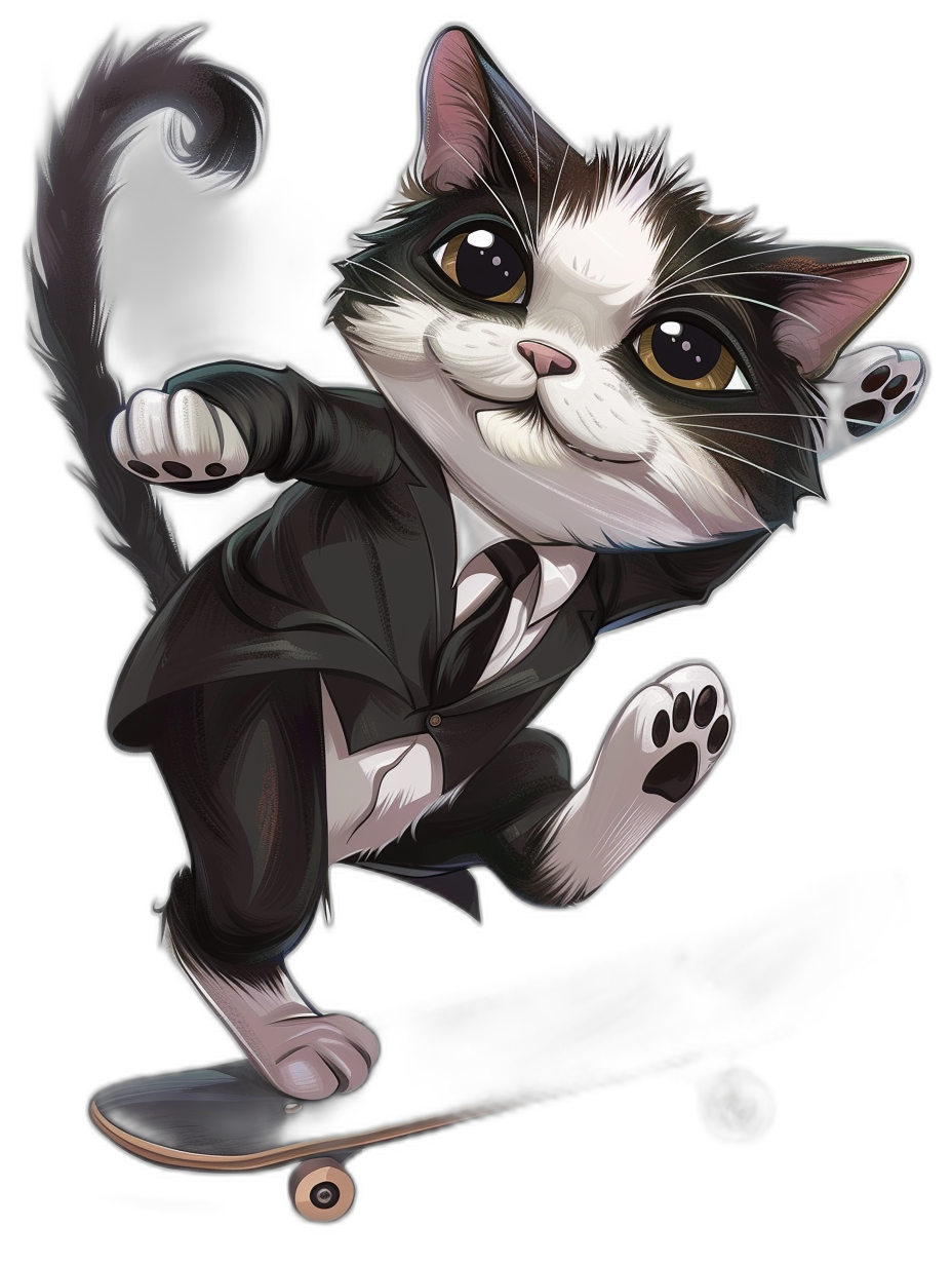 Cute cat in a black suit skateboarding on the street in the style of anime, vector illustration showing the full body on a black background, cute cartoon design with high resolution, high detail, high quality, high definition, and high focus and sharpness in a hyperrealistic and hyper detailed style.