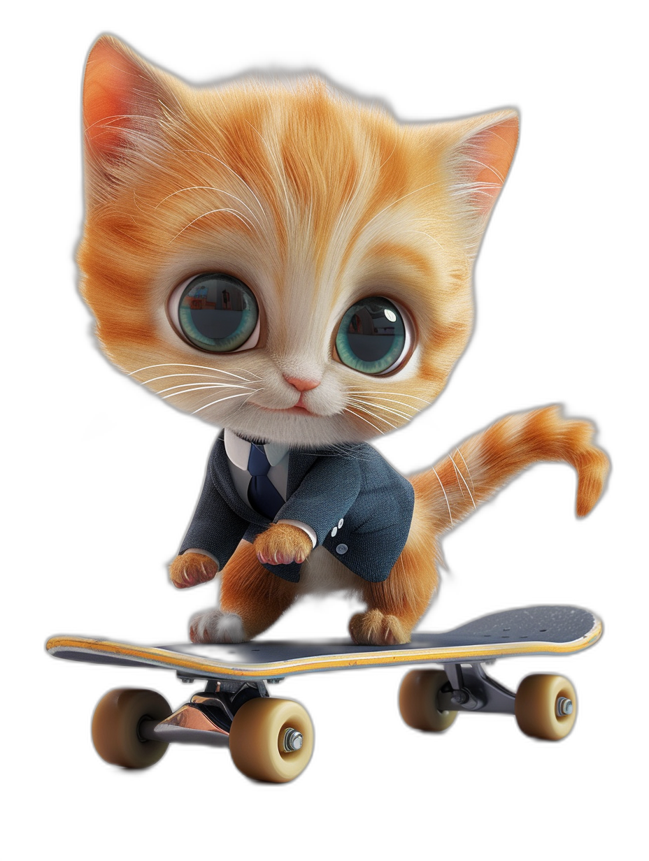 3D rendering, C4D, cartoon version, Cute orange cat in the style of Q on a skateboard, big eyes, fine detail, high level of detail, best quality photography, black background