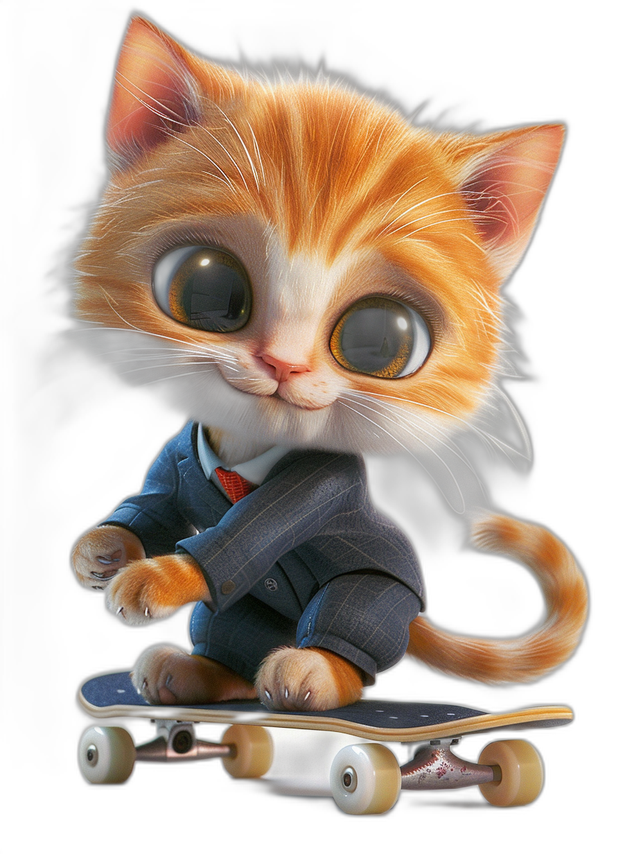 digital art of cute kitten , wear suit and tie, riding on skateboard , black background , big eyes, lovely expressions