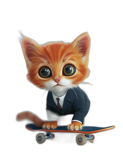 Cute cat in a suit riding on a skateboard, with big eyes and a lovely tail, on a black background, in the cartoon style, in the style of Disney Pixar, as a 3D rendering, as digital art, with a cute character design, at a high resolution, of high quality, with high detail, with professional studio lighting.