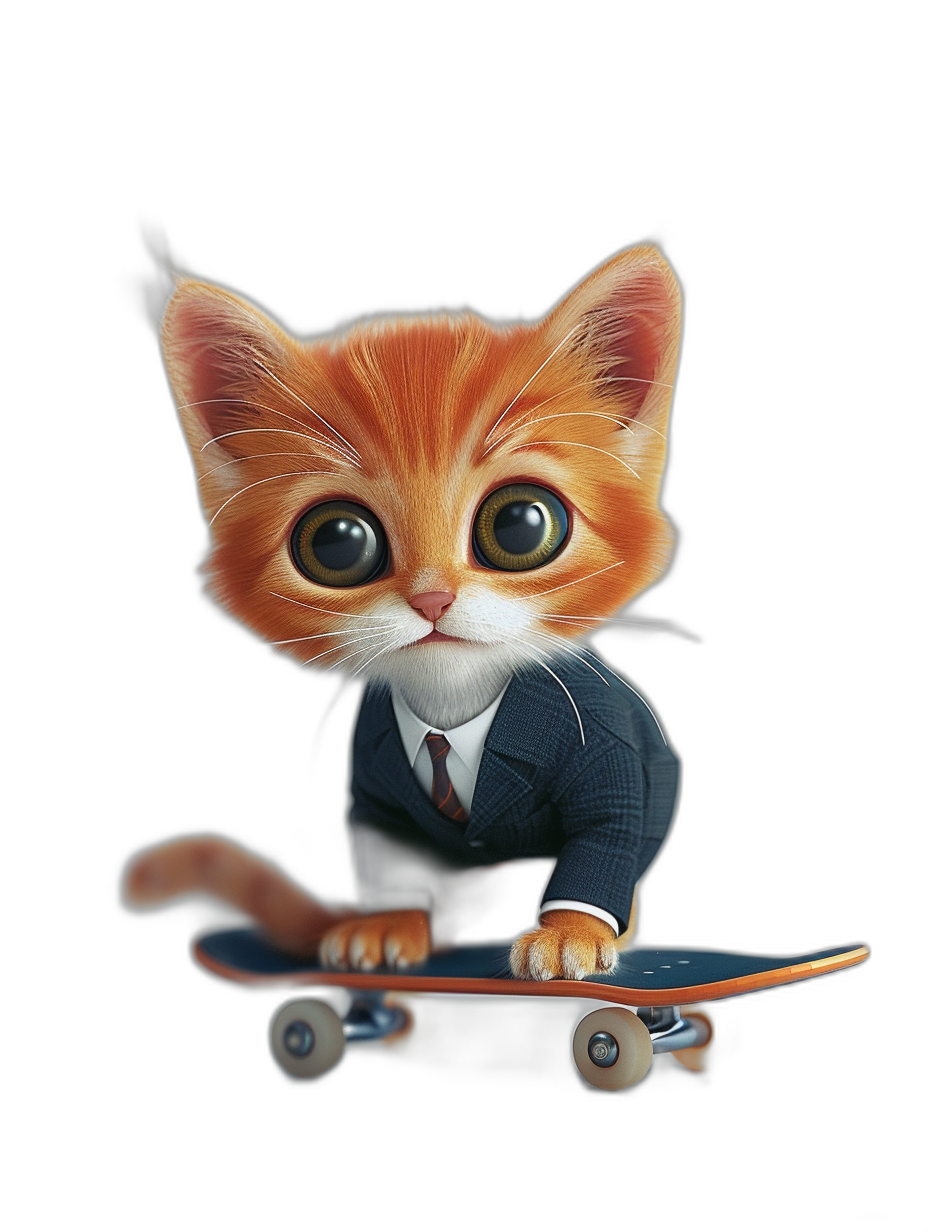 Cute cat in a suit riding on a skateboard, with big eyes and a lovely tail, on a black background, in the cartoon style, in the style of Disney Pixar, as a 3D rendering, as digital art, with a cute character design, at a high resolution, of high quality, with high detail, with professional studio lighting.