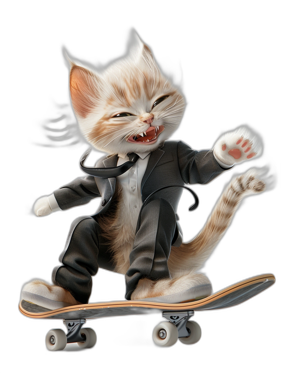 digital art of a happy kitten in a suit skateboarding against a black background, with high quality rendering and sharp focus, in the style of a studio photo