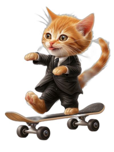 Cute cartoon cat in suit riding on skateboard, vector illustration with black background, cute digital art, high resolution, high detail, high quality, high definition, hyper realistic, hyper detailed, hyper realism