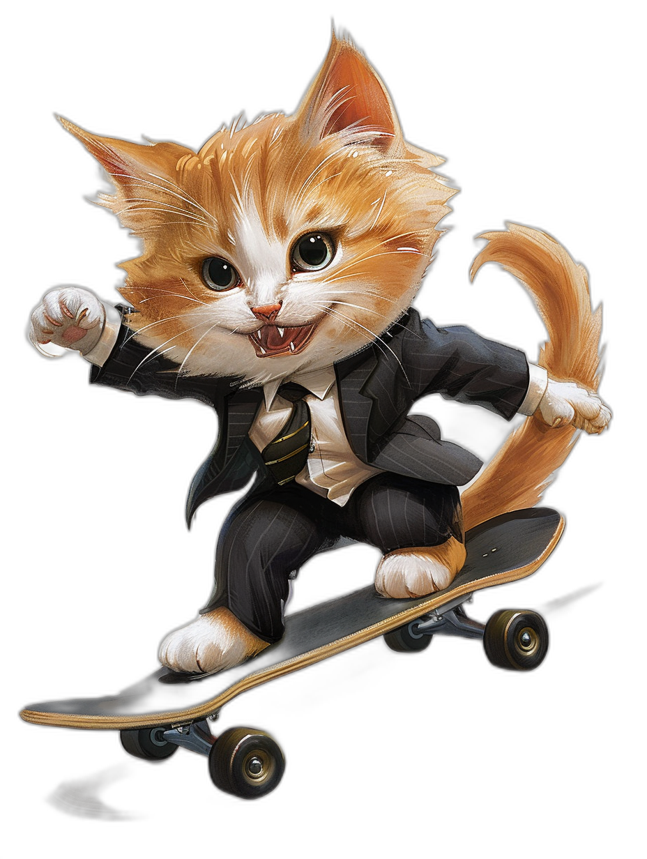 digital art of cute and happy cat in suit, riding on skateboard , black background, full body