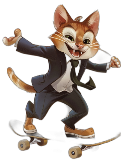 A happy smiling cat in a suit and tie riding on a skateboard, full body shot, in the style of Disney, caricature-like, playful caricatures, concept art for animation character design sheet, black background