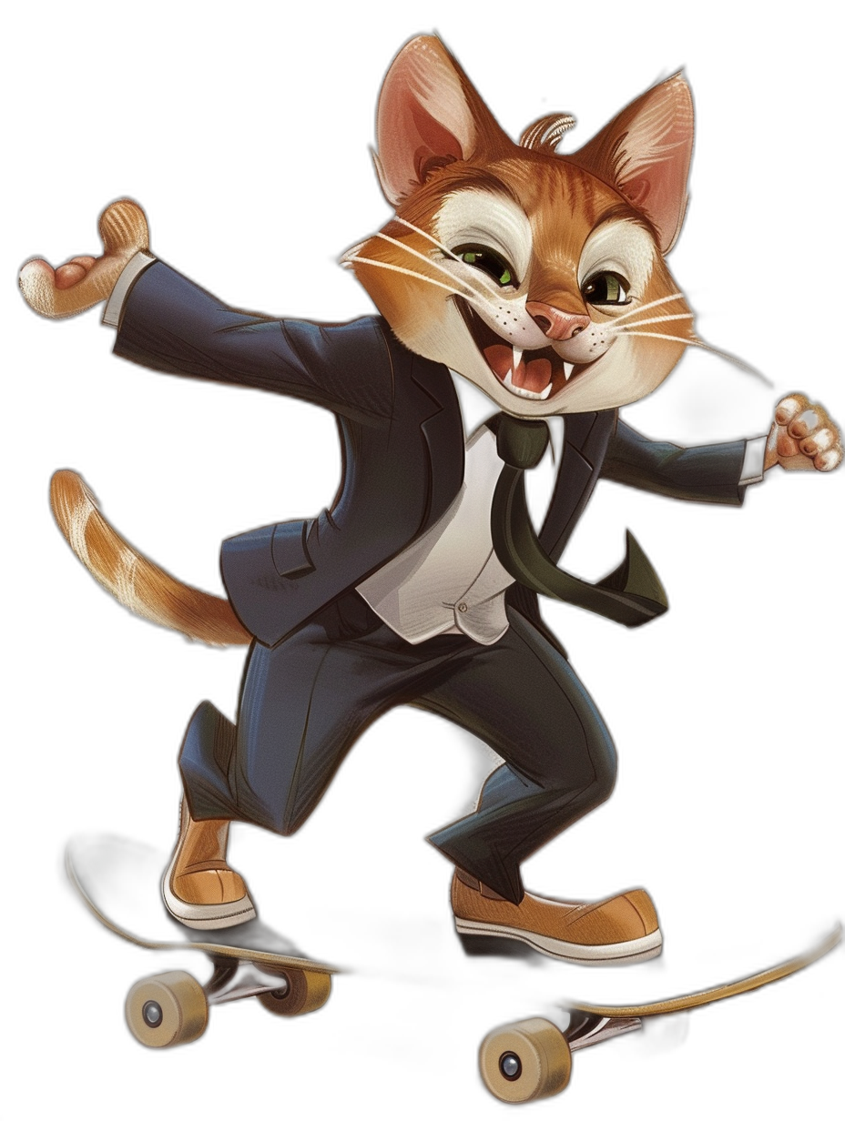 A happy smiling cat in a suit and tie riding on a skateboard, full body shot, in the style of Disney, caricature-like, playful caricatures, concept art for animation character design sheet, black background