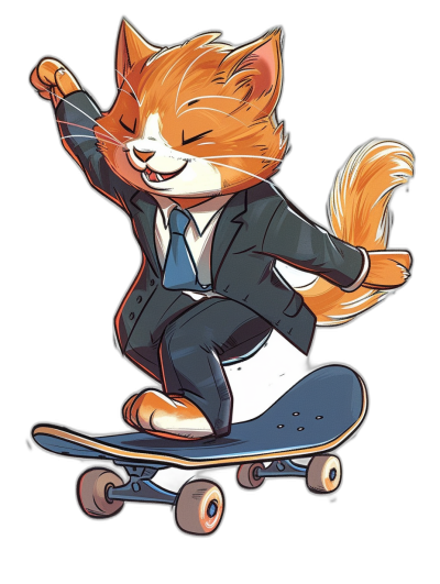 A cute happy ginger cat in a business suit, riding on a skateboard, vector sticker design with contour on a black background, in the style of manga, a cute cartoon character with cel-shaded concept art, a detailed illustration in the style of cel animation.