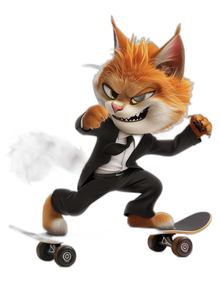 Character design of an orange cat in a black tuxedo and white shirt, on a skateboard, with an evil grin face expression, in a 3D cartoon style as digital art, as a full body shot, on a black background, as a concept character illustration, as concept art in the style of Pixar studio.