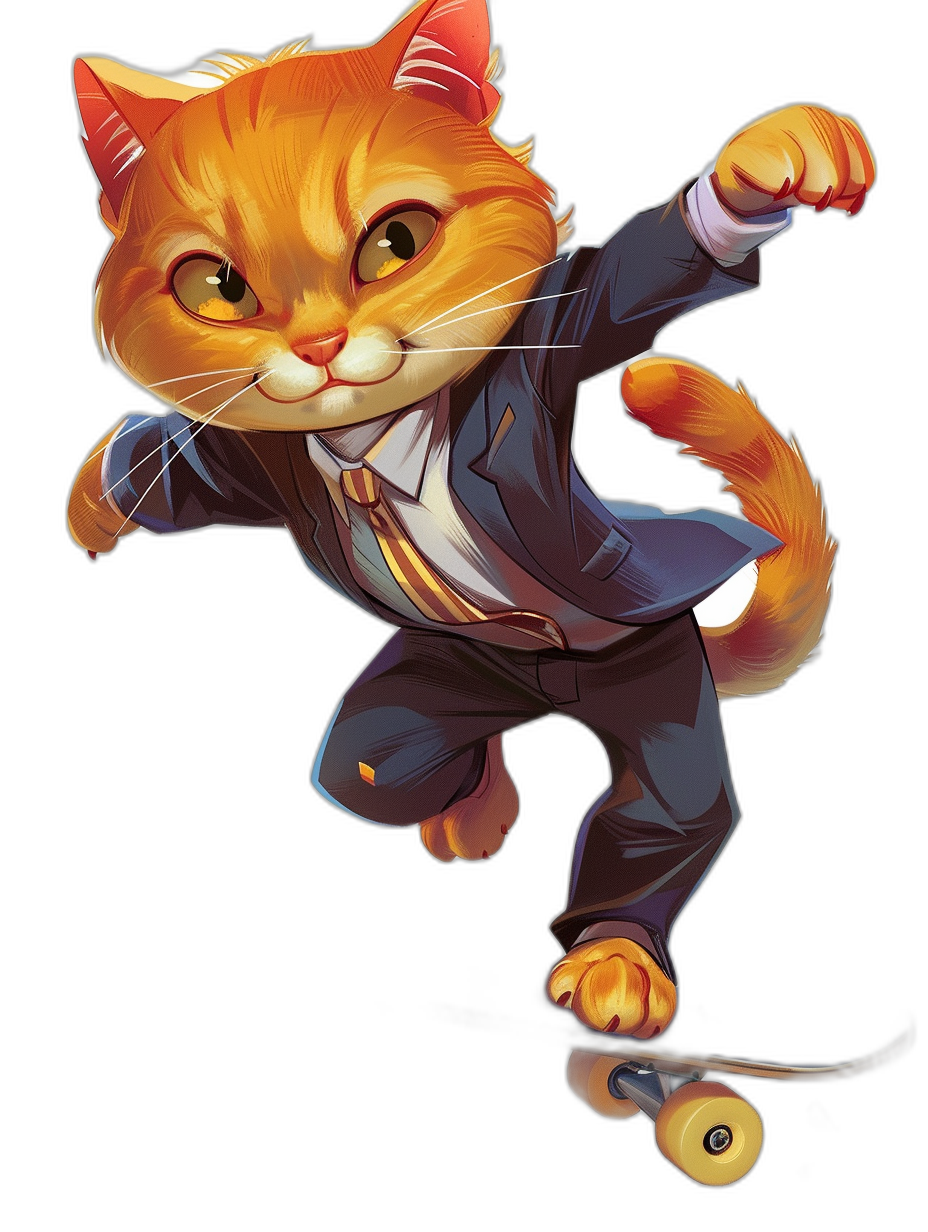 vector design of an orange cat in a business suit, jumping on a skateboard against an isolated black background, full body view, wide angle shot, t-shirt print design in the style of [Artgerm](https://goo.gl/search?artist%20Artgerm) and [Skottie Young](https://goo.gl/search?artist%20Skottie%20Young), cute cartoonish character