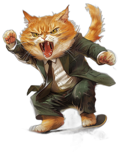 realistic digital illustration of an angry ginger cat in a suit and tie, skateboarding on a black background, in the style of [Richard Hescox](https://goo.gl/search?artist%20Richard%20Hescox), full body shot