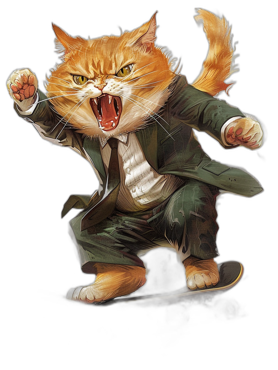 realistic digital illustration of an angry ginger cat in a suit and tie, skateboarding on a black background, in the style of [Richard Hescox](https://goo.gl/search?artist%20Richard%20Hescox), full body shot