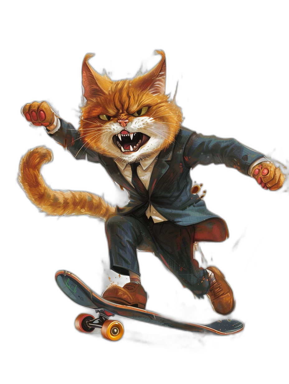 realistic digital illustration of an angry ginger cat in suit and boots, riding on skateboard, black background, full body portrait view, t-shirt design